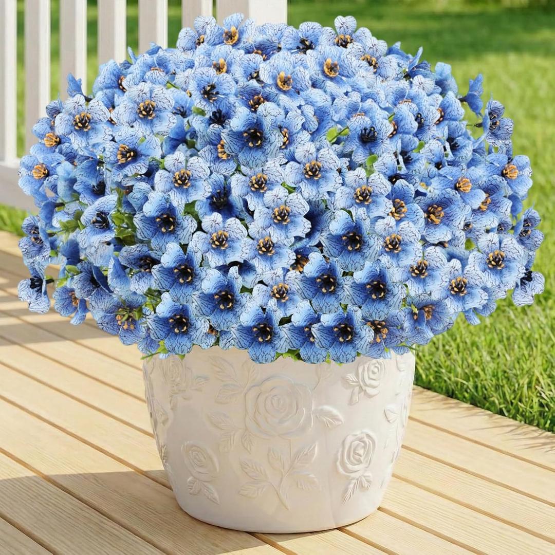 Artificial Flowers Fake Plants for Outdoors Spring Decoration, 13Bundles Silk Realistic UV Resistant Faux Flowers for Outside Planter Porch Yard Patio Garden Home Indoor, Blue