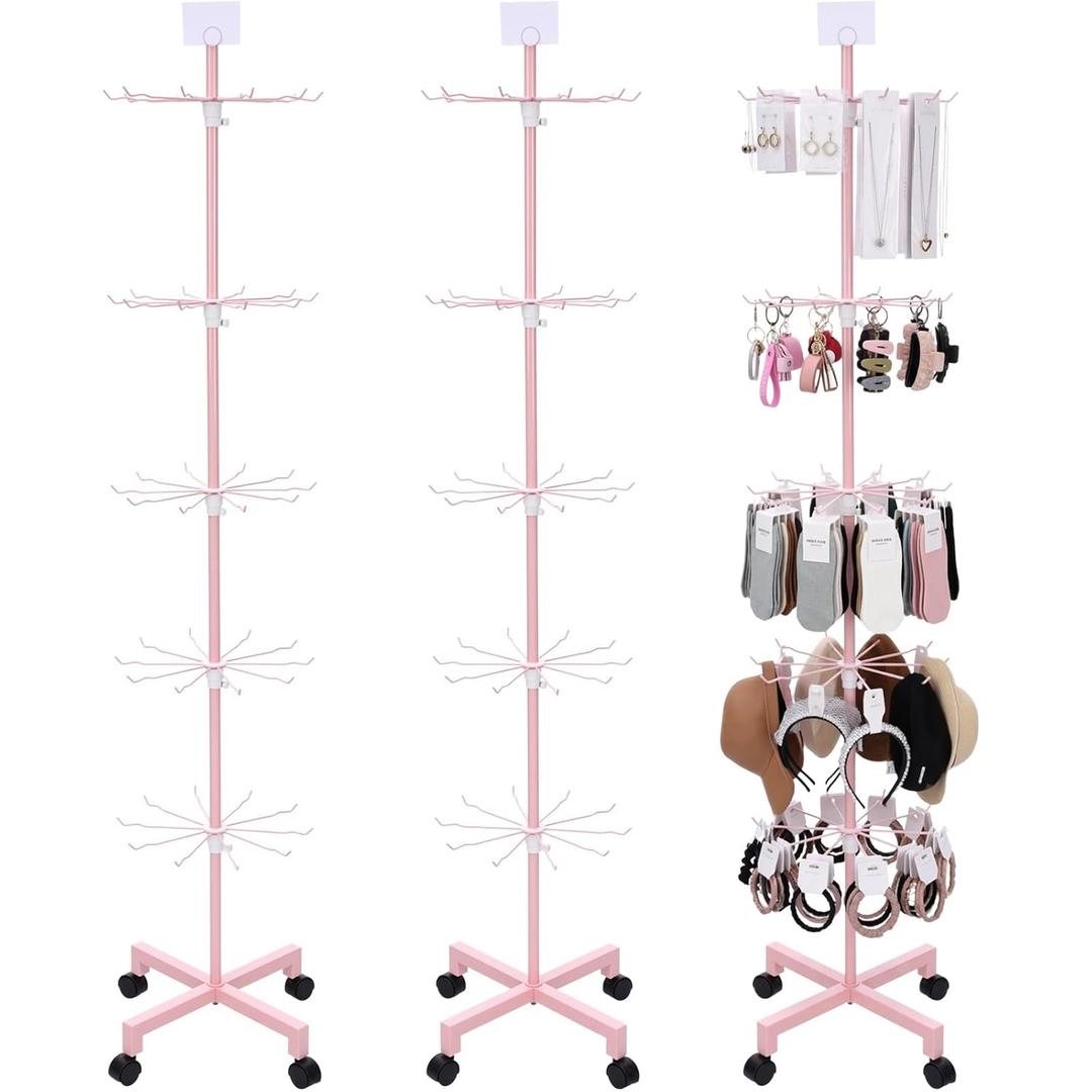 Ripeng 2 Pcs 5-tier Rotating Retail Display Stand Display Rack for Earring Keychains Jewelry Vendor Events and Stores Movable Adjustable Shop Spinner Pink Ornament Holder