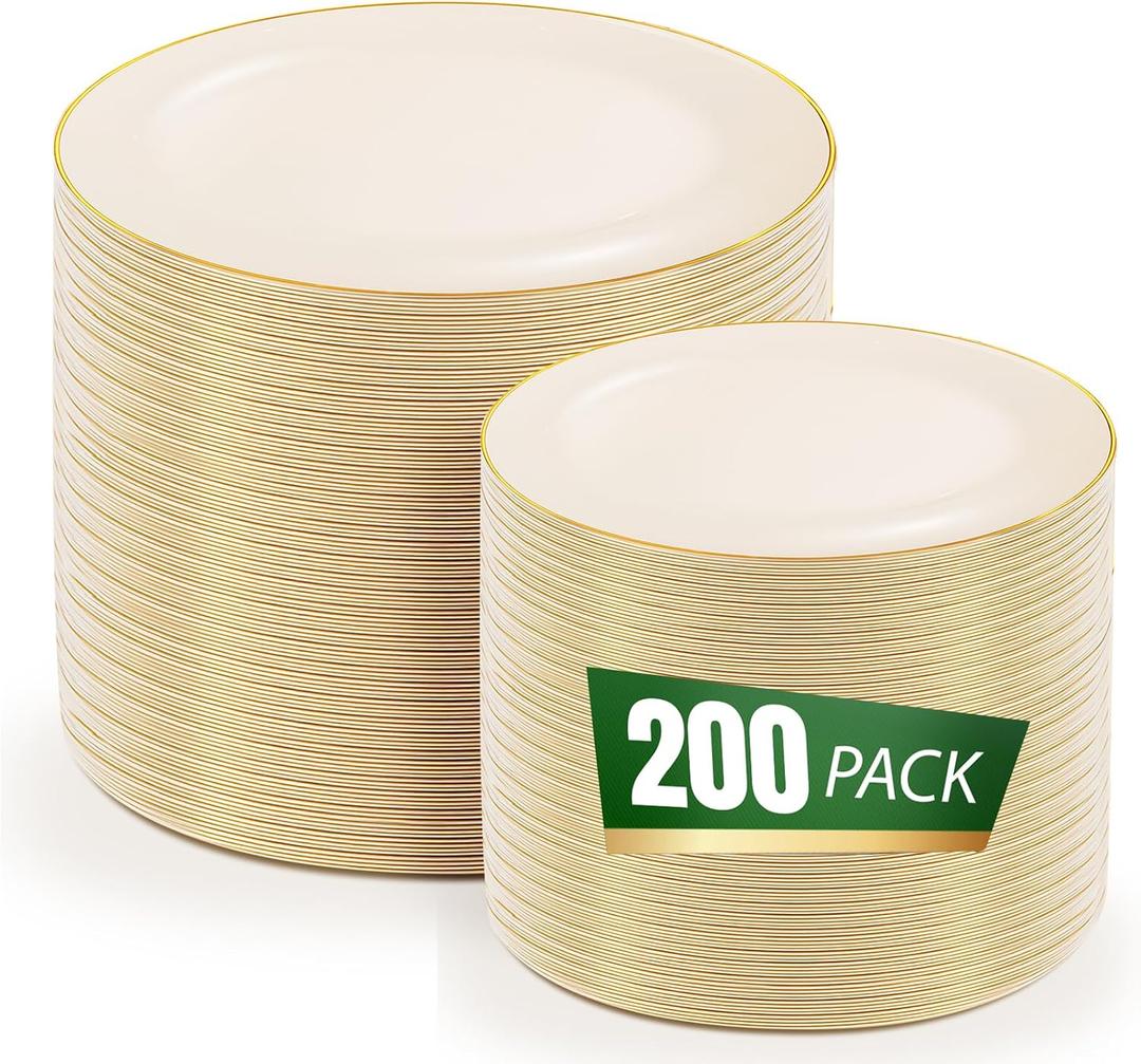 bUCLA 200PCS Ivory Plastic Plates with Gold Rim - Heavy Duty Cream Disposable Include 100 Dinner 10 inch & 100 Dessert 7 inch Plates, Ideal for Party & Wedding