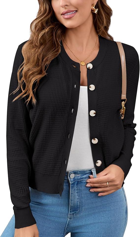 Women's Long Sleeve Cardigan Sweater, Button Down Knit Shrug, Slim Fit Stretch Soft Lounge Office (Black, M)