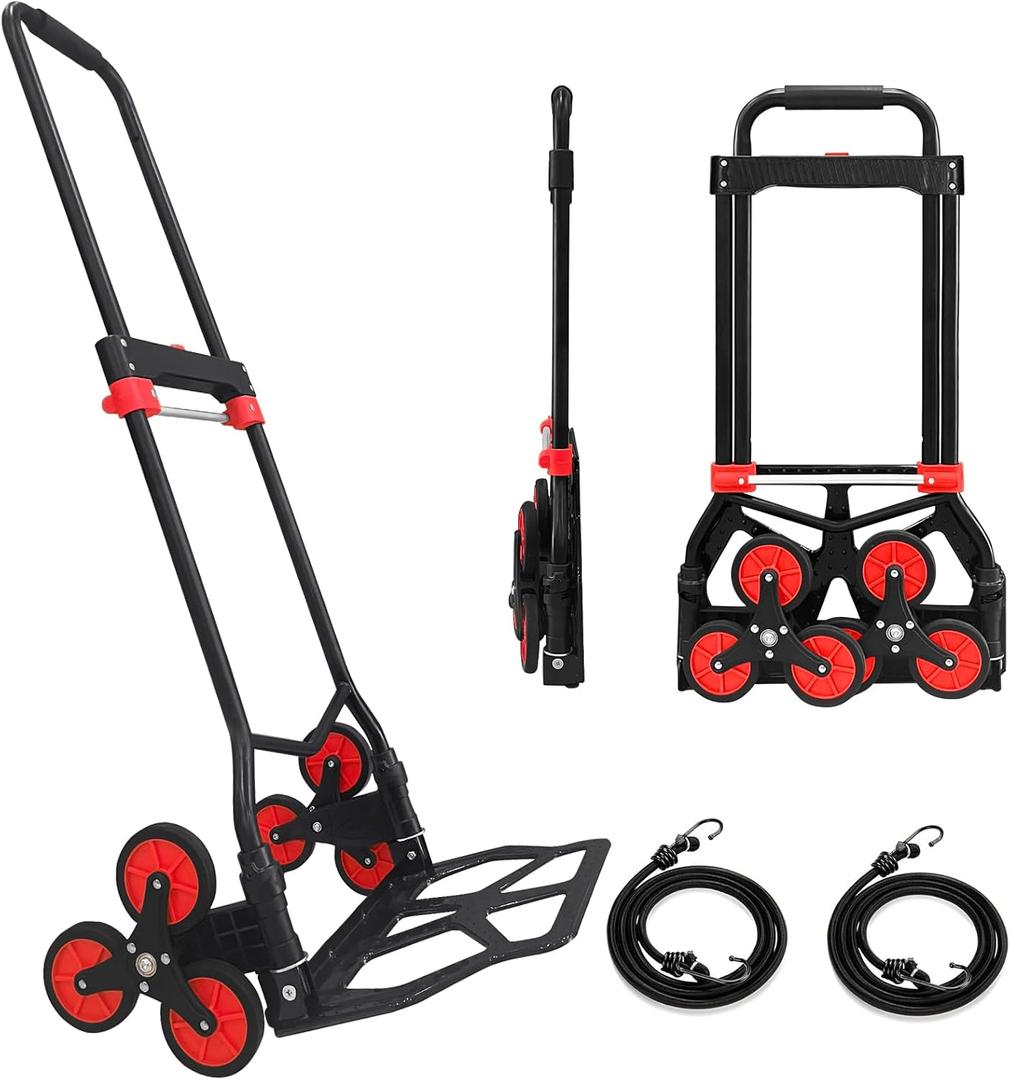 Stair Climbing Hand Truck and Dolly Heavy Duty 330 LB Capacity, Folding Hand Truck Stair Climber Cart with Telescopic Handle and 2 Bungee Cords, Portable Stair Climbing Dolly Cart for Easy Moving (Black)