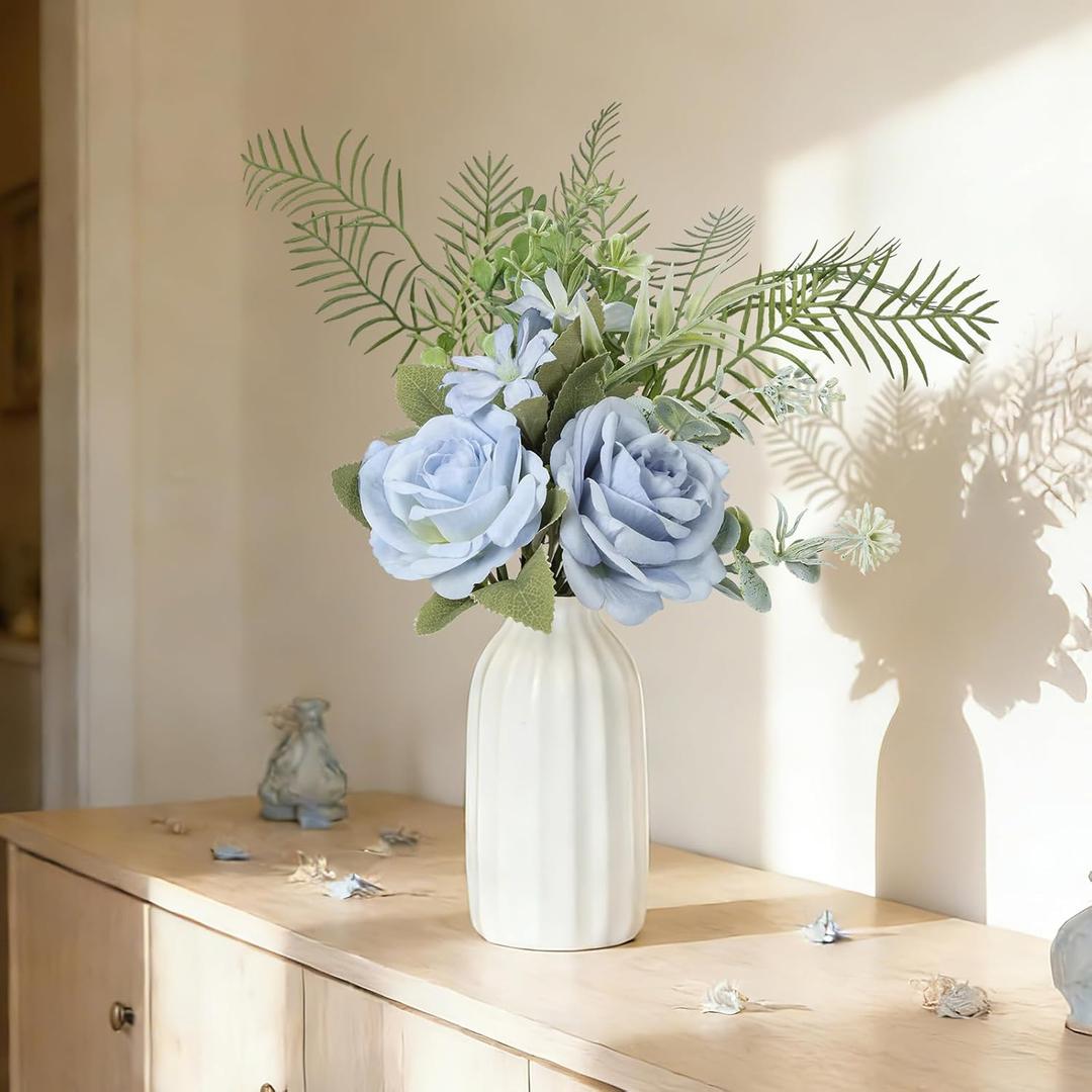 Fake Flowers with Vase - Blue Rose Artificial Flowers in Vase for Dining Table Centerpiece Kitchen, Floral Arrangement for Living Room Offiece Farmhouse Home Decor