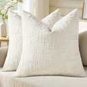 decorUhome Fall Cream White Chenille Throw Pillow Covers 18x18 Set of 2 Thick Textured Slubby Couch Pillow Covers Farmhouse Accent Modern Neutral Decorative Pillow Cases for Bed Sofa Living Room