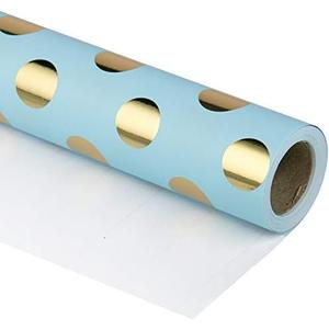 RUSPEPA Wrapping Paper Roll - Gold Foil Dots Baby Blue Background Design for Wedding, Birthday, Shower, Congrats, and Holiday - 30 inches x 32.8 feet, Pack of 2