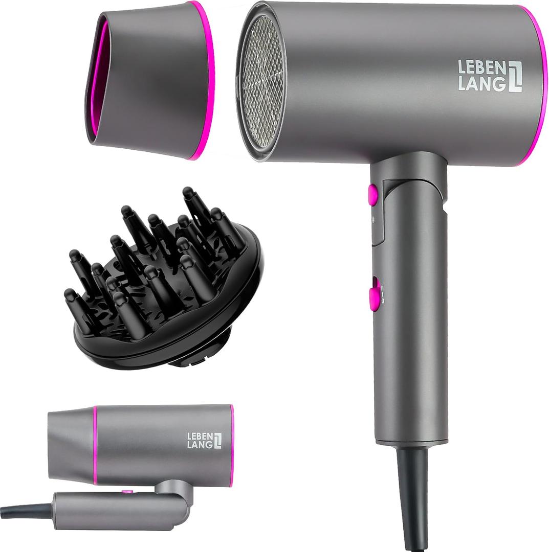 LEBENLANG Ionic Hair Dryer, 1875W - Foldable, Portable, Compact, Mini, Travel, Diffuser, Curly Hair (Grey/ Pink)