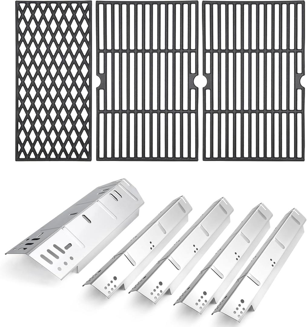 Criditpid Grill Replacement Parts for Dyna-Glo 5 Burner DGH474CRP DGH485CRP DGH483CRP, Stainless Steel Heat Plate Shields and Cast Iron Cooking Grates for Dyna-Glo 4 Burner DGH450CRP.
