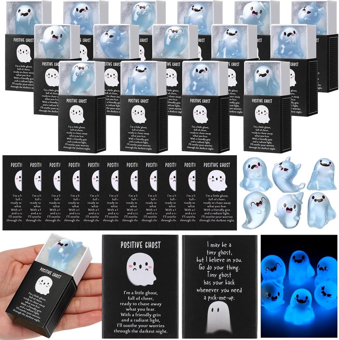 72 Sets Halloween Ghost Party Favors Glow in The Dark Gift Resin Spirit Figures with Boxes and Positive Cards Mini Luminous Positive Ghost for Basket Stuffer Office Table Decor (Classic)