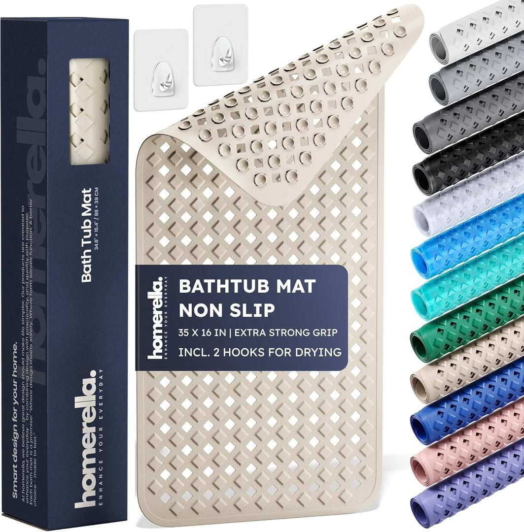 homerella Bathtub Mat Non Slip 35x16, Incl. Hooks for Drying, Extra Long, 100% BPA Free, Shower Mat Non Slip Anti Mold, Machine Washable, Shower Mats for Inside Shower Mildew Resistant (34.5" x 15.5" (Rectangular), Sand)