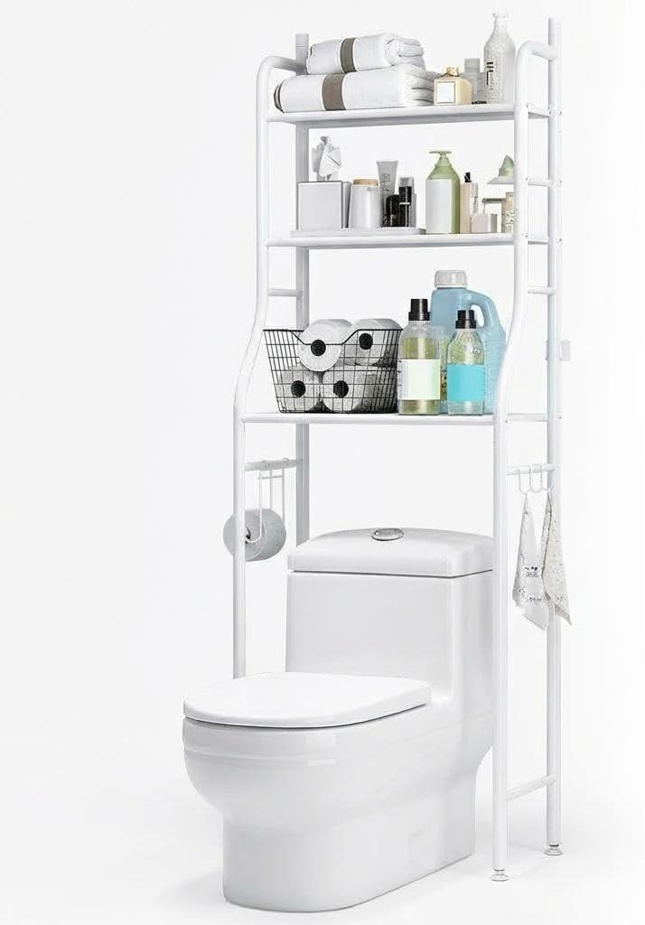 3-Tier Over The Toilet Storage, Metal Bathroom Shelve, Over Toilet Organizer Storage Rack, with Paper & Towel Holder, Space Saver Freestanding Shelf for Restroom Laundry Balcony, White, 3-Tier Iron