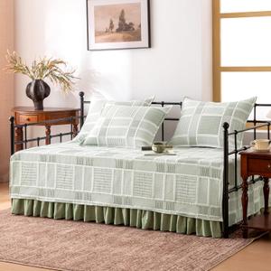 SLEEP ZONE 5 Pcs Daybed Cover Set Asymmetric Lattice Quilting Cozy All Season Soft Daybed Comforter Bedding Set with Bedskirt, Matching Sham, 75" 39", Mint Green