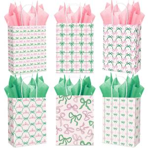 Kolldenn 30 Sets Witch and Princess Party Favors Pink and Green Bow Paper Gift Bags with Handles and Tissue Papers for Witch Theme Birthday Party Supplies