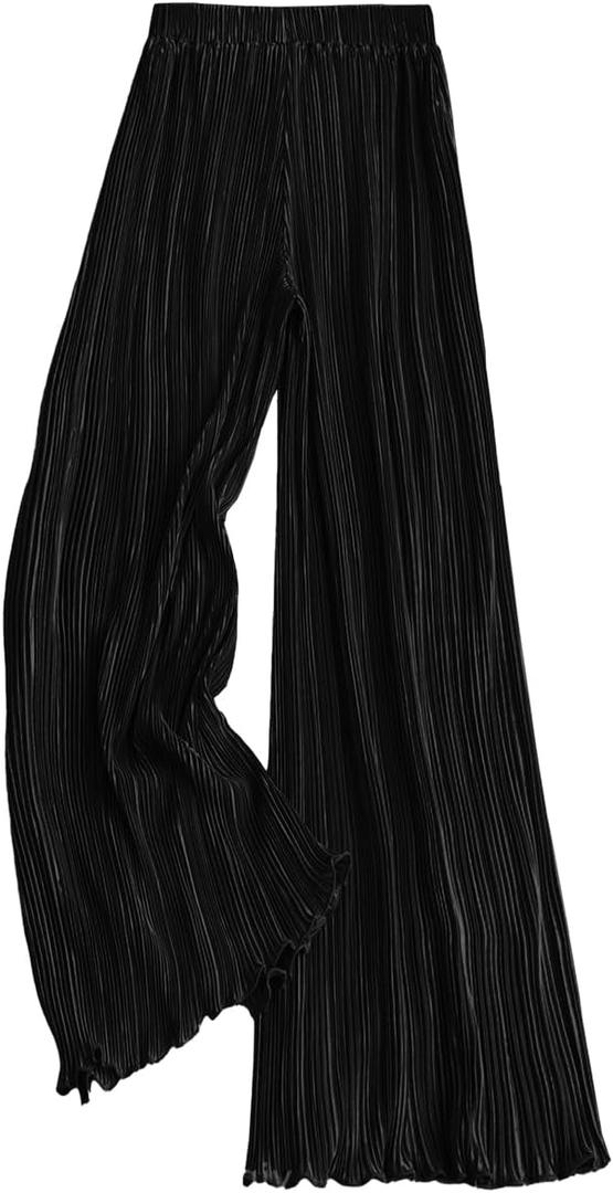 Satin Pants for Women Dressy Flowy Palazzo Plisse Silk Pants Wide Leg Pleated Casual Trousers (Small, Black)