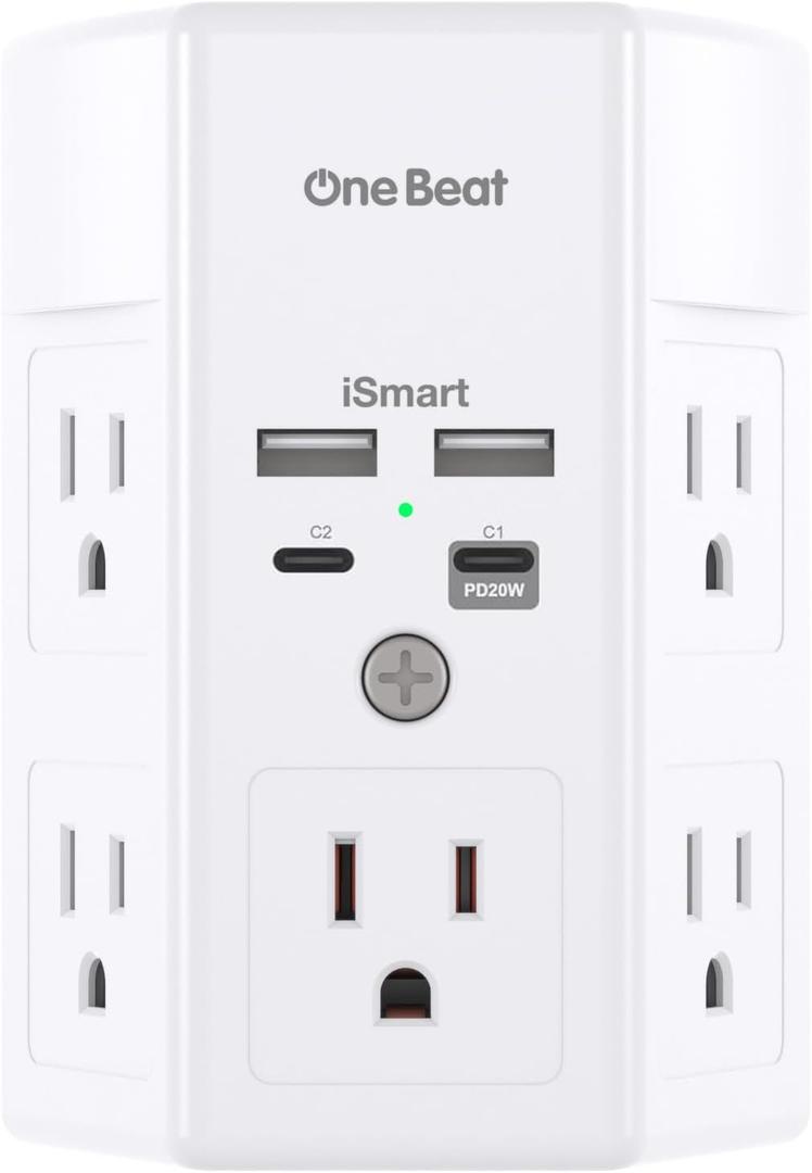 Multi Plug Outlet, Surge Protector, 5 Outlet Extender with 4 USB Ports (2 USB-C), PD 20W Wall Charger, 3-Sided 1800J Power Strip Outlets Splitter Wall Plug Adapter Spaced for Home Office, White