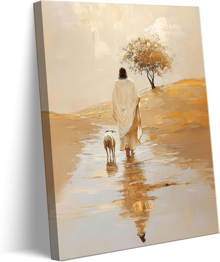 Jesus Leaving 99 Sheep Canvas Wall Art Jesus And Lamb Wall Decor Picture Christ The Good Shepherd Lost Lamb In Poster Print for Living Room Bedroom Church Home Room Decoration Prepare To Hang (24L" x 16W"-canvas)