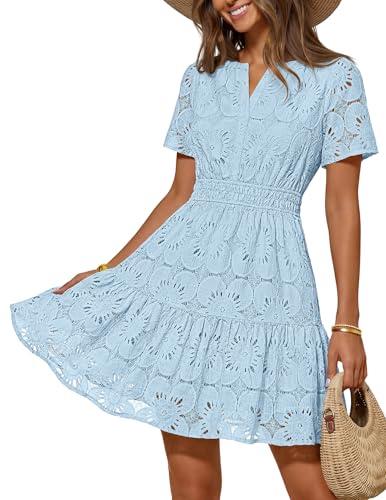 MEROKEETY Women's Summer Lace Boho Mini Dress 2026 Short Sleeve Floral Eyelet A Line Vacation Beach Short Sundress, Blue, Large