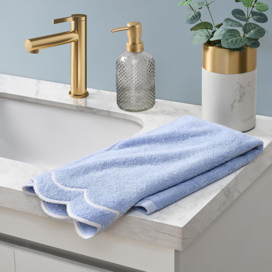 Peri Home 100% Cotton Hand Towel for Bathroom, Embroidered, Soft & Absorbent, 500 GSM, 1 Piece, 16" x 27", Blue with White Scallop