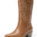 DREAM PAIRS Women's Cowboy Boots Mid Calf Cowgirl Boots Embroidery Stitched Western Boots, Size 8, Tan