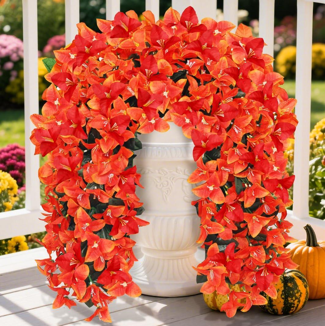 Faux Bougainvillea Artificial Fall Flowers for Outdoors, 2 Pcs Fake Fall Flowers Artificial for Decoration, Artificial Hanging Flowers UV Resistant Silk Flowers for Outside Planter Porch Patio