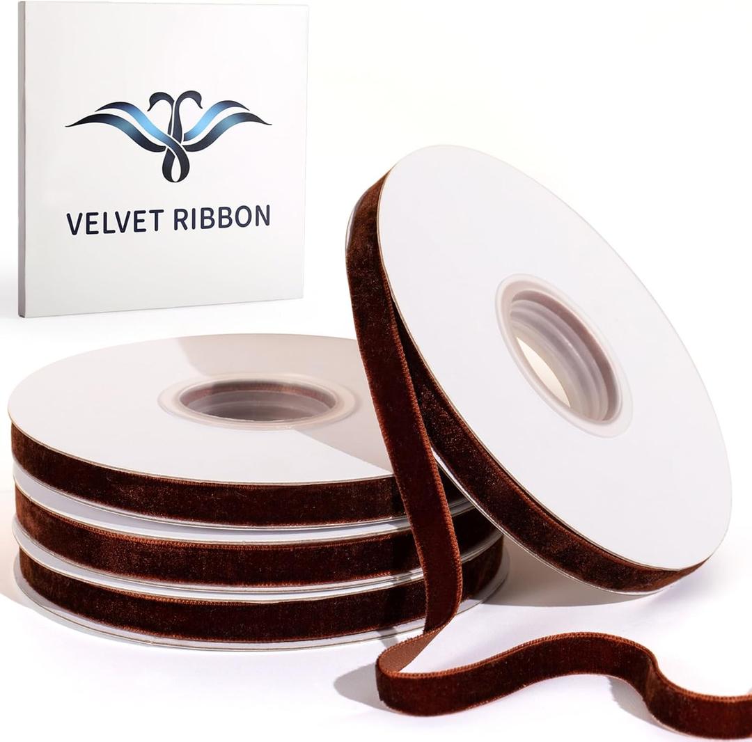40 Yd Brown Velvet Ribbon for Gift Wrapping 3/8" Velvet Ribbon for Christmas Tree and Wreath Decoration, Elegant Gift Wrapping, Bow Making, Valentine's & Wedding Crafts4 Rolls