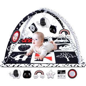 Poycuna Black and White Baby Gym Play Mat with 6 Toys Tummy Time Activity Mat for Babies 0-6 6-12 Months High Contrast Baby Gyms & Playmats Sensory Toys Newborn Brain Development Infant Play Mat