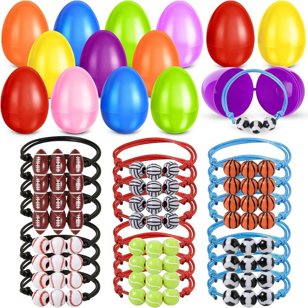 24 Pcs Easter Eggs Filled with Sports Ball Bracelets, Adjustable Sports Bracelets Toys for Toddler Easter Basket Stuffers Egg Hunt, Easter Party Favors Classroom Prizes for Kids Boys