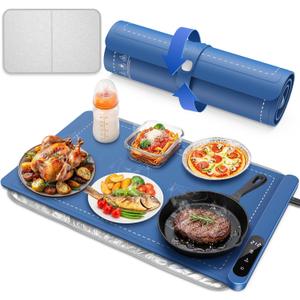 Warming Mat for Food - Rapid Full Surface Food Warming Mat, 6 Temp Settings, 6 H Timer Electric Warming Tray, Rollable Portable Chafing Dishes, Ideal for Parties, Buffets, Gatherings, 24x14 inch (Blue)