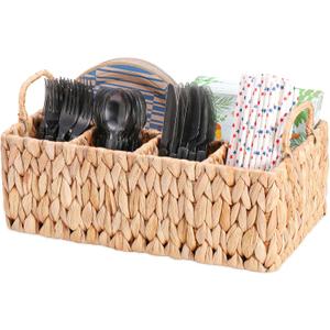 Wicker Party Silverware Caddy, Water Hyacinth Plastic Cutlery Utensil Holder, Hand Woven with Handles, Kitchen Countertop and Picnic flatware Organizer (5 compartments)
