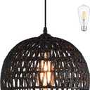 Black Woven Pendant Light Boho Chandelier Light Fixture Wicker Pendant Light Rattan Light Pendant Woven Light Fixture Dome Pendant Light for Dining Room Bedroom Kitchen Island (Bulb Incl) (12.2" Black)