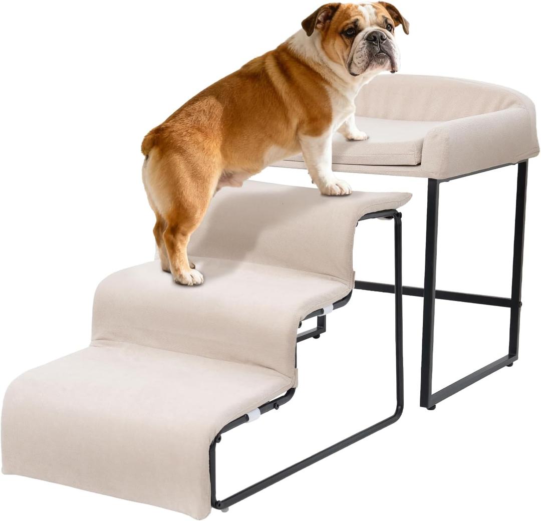 Dog Steps with Beside Pet Bed Set for Bed Window Sofa Dog Window Perch with Stairs for Small Pets Pet Steps and Window Perch with Sturdy Metal Frame and Soft Cushion for Small Dogs (with Pet Bed)
