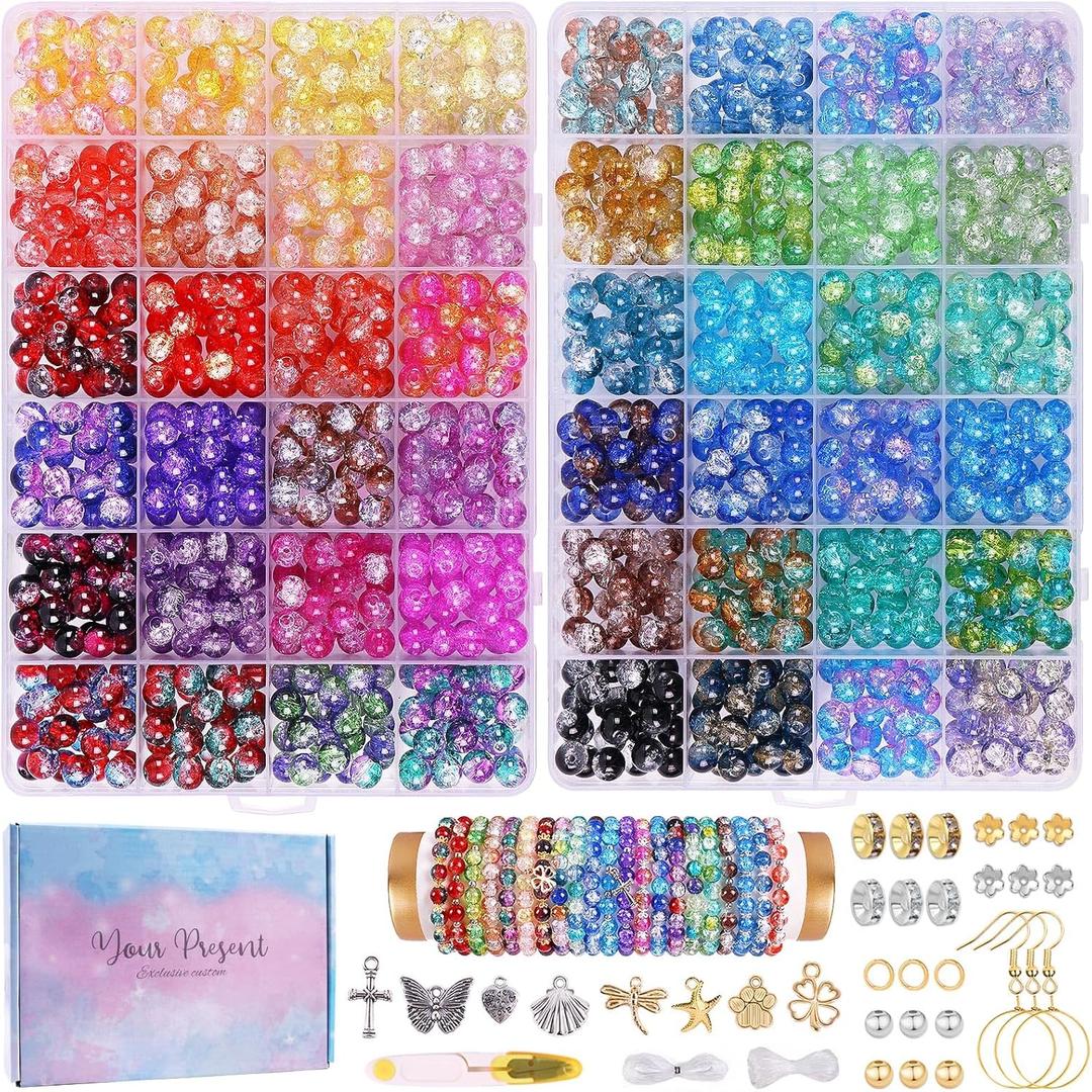 1800PCS 8mm Crackle Glass Beads Bracelet Making Kit, 48 Colors Glass Beads for Jewelry Making, Round Crystal Beads for Bracelets, Friendship Bracelet kit for DIY Crafts Gifts, 2 Box (Crackle Colors)