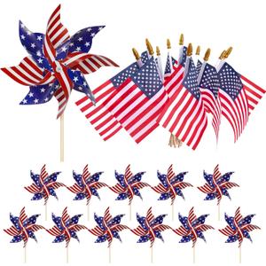 HOOSUN American Flags Patriotic Pinwheels,24 Pack Classroom American Flags Decorations Small USA Flags On Stick With Yard USA Pinwheels,Red White And Blue Decorations For Patriotic Party Supplies