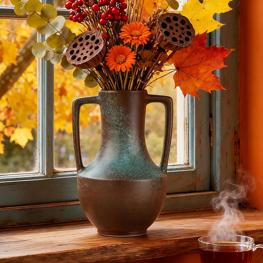 Ceramic Flower Vase with Handles,7.8" Tall Vase for Centerpieces,Large Decorative Terracotta Vases, Farmhouse Rustic Pottery Vase for Home Decor Living Room,Table,Shelf or Mantel