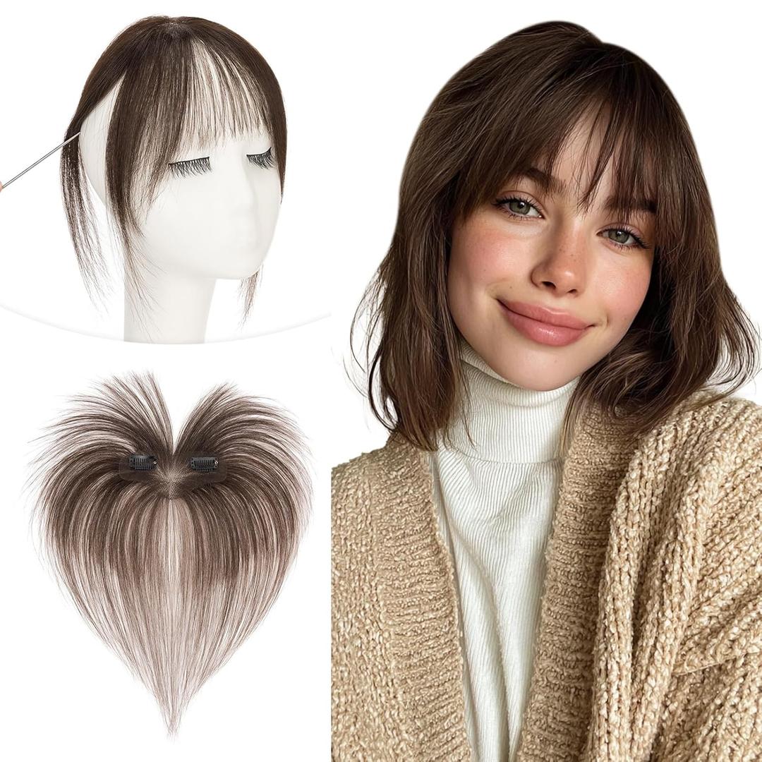 Clip in Bangs Real Human Hair for Women Wispy Bangs Hair Pieces Dark Brown Fringe Hand-Tied Lace Base Invisible Hairline