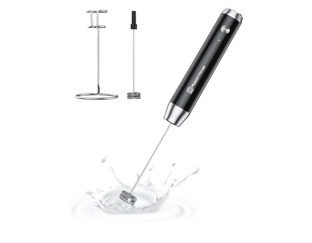 Maestri House Rechargeable Milk Frother with Stand, LunaFro Handheld Electric Foam Maker Waterproof Detachable Stainless Steel Whisk Drink Mixer Foamer for Lattes, Cappuccino