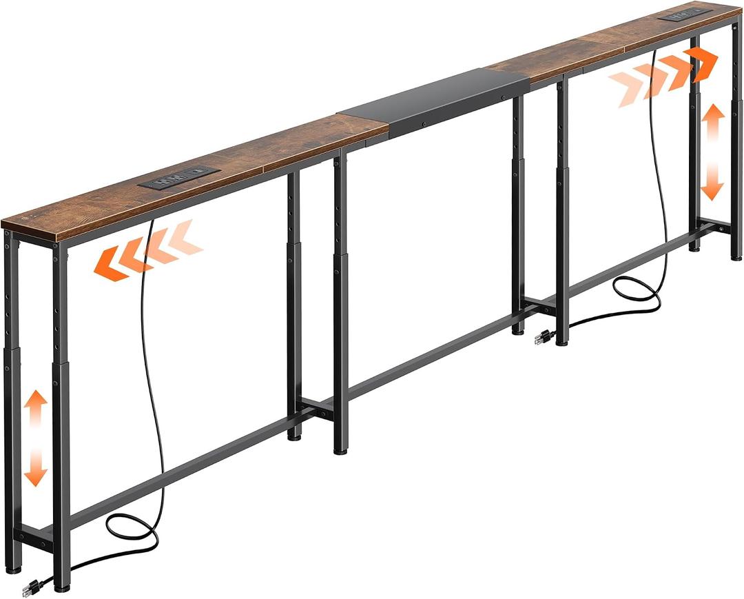 Huuger Narrow Console Table with Power Outlets & USB-C, Rustic Brown, 94.5"-110.2"W x 5.9"D