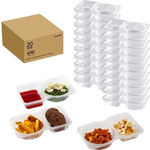 Snack Containers Double Compartment Snack Packs with Lids Grab and Go Snack Prep Box Meal Prep 2 Compartments Condiment Dipping Containers (20 Pcs)