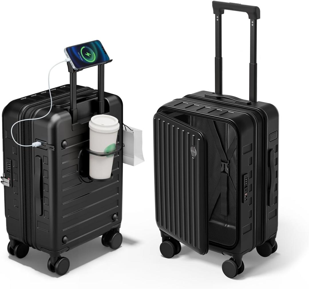 Expandable Lightweight PC Hard Shell Suitcase, 20-inch Carry On Luggage with TSA Lock, 360 Silent Spinner Wheels, Top Opening & Cup Holder - Ideal for Business Travel Suitcase (Black)