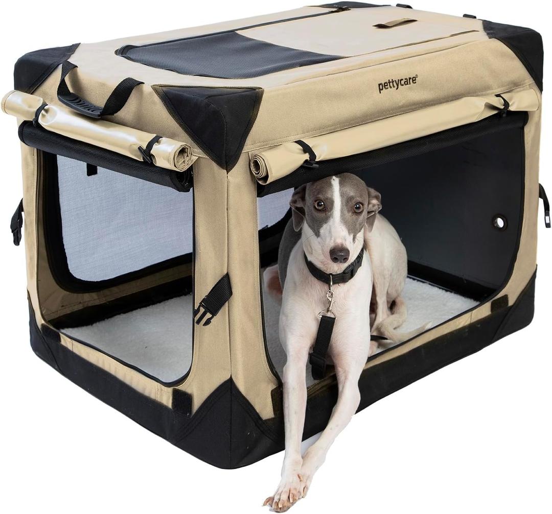 Pettycare 30 Inch Collapsible Dog Crate with Curtains Travel Dog Crate for Airflow and Calm Soft Pet Kennel with Portable Bag and More Chew Proof Mesh Indoor & Outdoor Beige 4 Door Curtains, SIZE: 42*28*32"