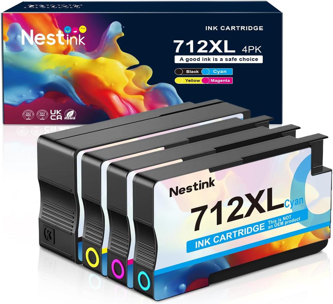 712XL Ink Cartridges Remanufactured High Yield Replacement for HP 712 712XL 712 XL for DesignJet T650 T630 T230 T210 Studio Plotter Printer (4 Pack, Black, Cyan, Yellow, Magenta) ((1BK,1C,1M,1Y))