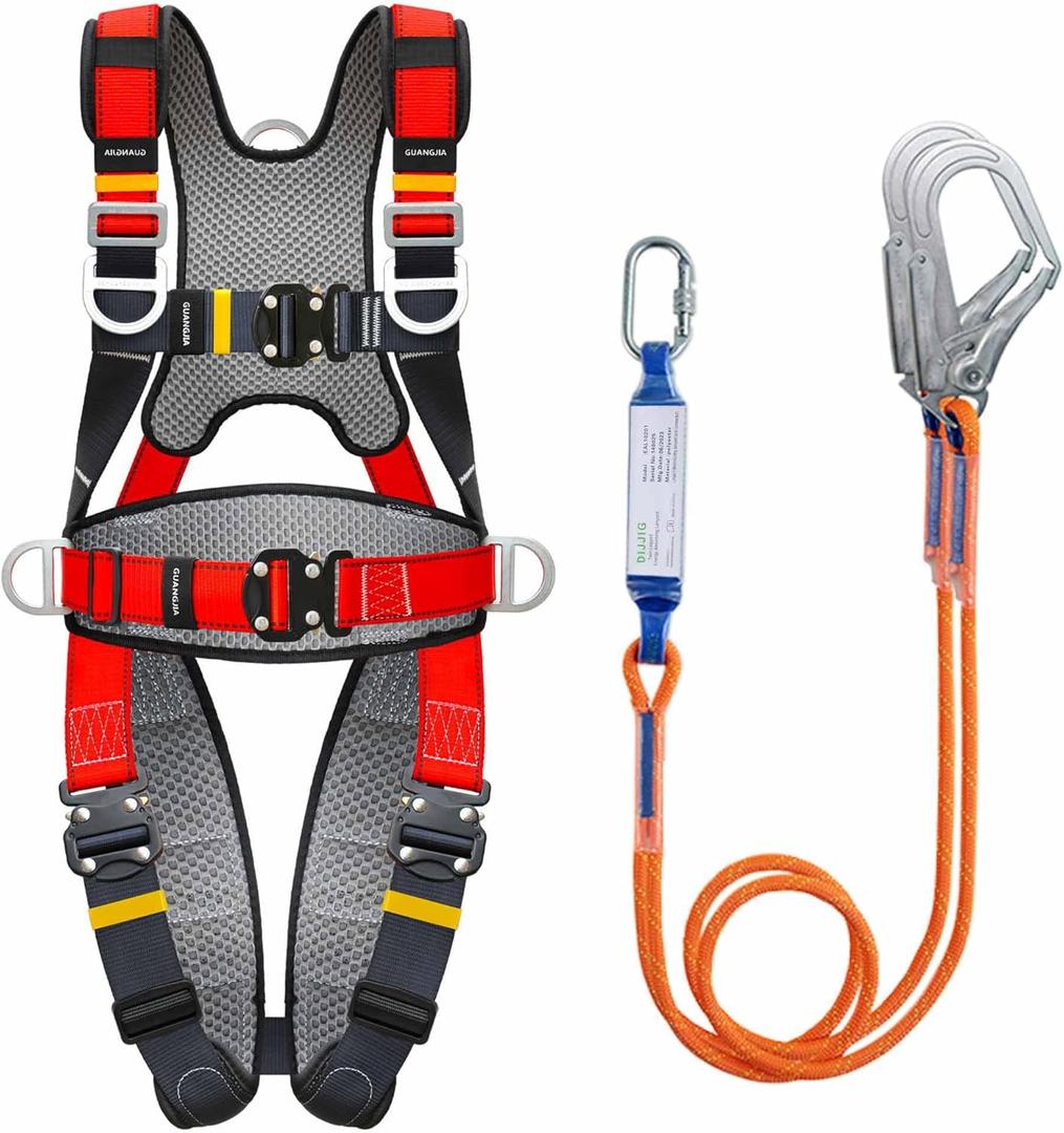 DIJJIG Fall Protection Safety Full Body Harness 5pt Adjustment Safe Comfortable Construction Positioning Harness Extra Long Thick Leg Back Padded Push-Button Quick-Lock Buckles OSHA and ANSI compliant