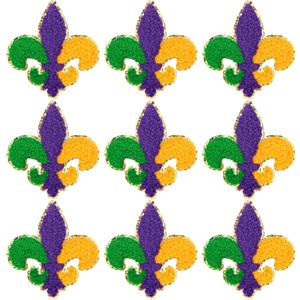 Daifunli 9 Pcs Fleur De Lis Patch Mardi Gras Chenille Iron On Embroidery Patches Set with Gold Glitter Border for Clothing Machine Embroidery DIY