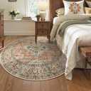 Lahome Oriental Washable Round Area Rug, Non-Slip Round Rugs 6ft Ultra-Thin, Soft Large Throw Circle Carpet for Living Room Bedroom Kitchen Nursery Eleanor, Peach/Orange