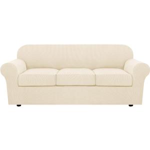 H.VERSAILTEX 4 Piece Stretch Sofa Covers for 3 Cushion Couch Covers for Living Room Furniture (Base Cover Plus 3 Seat Cushion Covers) Upgraded Thicker Jacquard Fabric (Sofa, Cream) (Large)