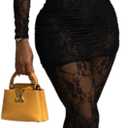 Ophestin Sexy Two Piece Outfits for Women Floral Lace Sheer Mesh Long Sleeve Top Bodycon Pants Set Club Outfits Matching Sets (Large, Black)