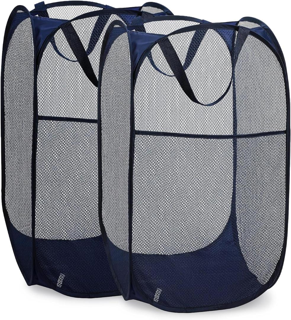 Handy Laundry Collapsible Mesh Pop Up Hamper with Wide Opening and Side Pocket - Breathable, Sturdy, Foldable, and Space-Saving Design for Clothes and Storage (Blue | 2-Pack)