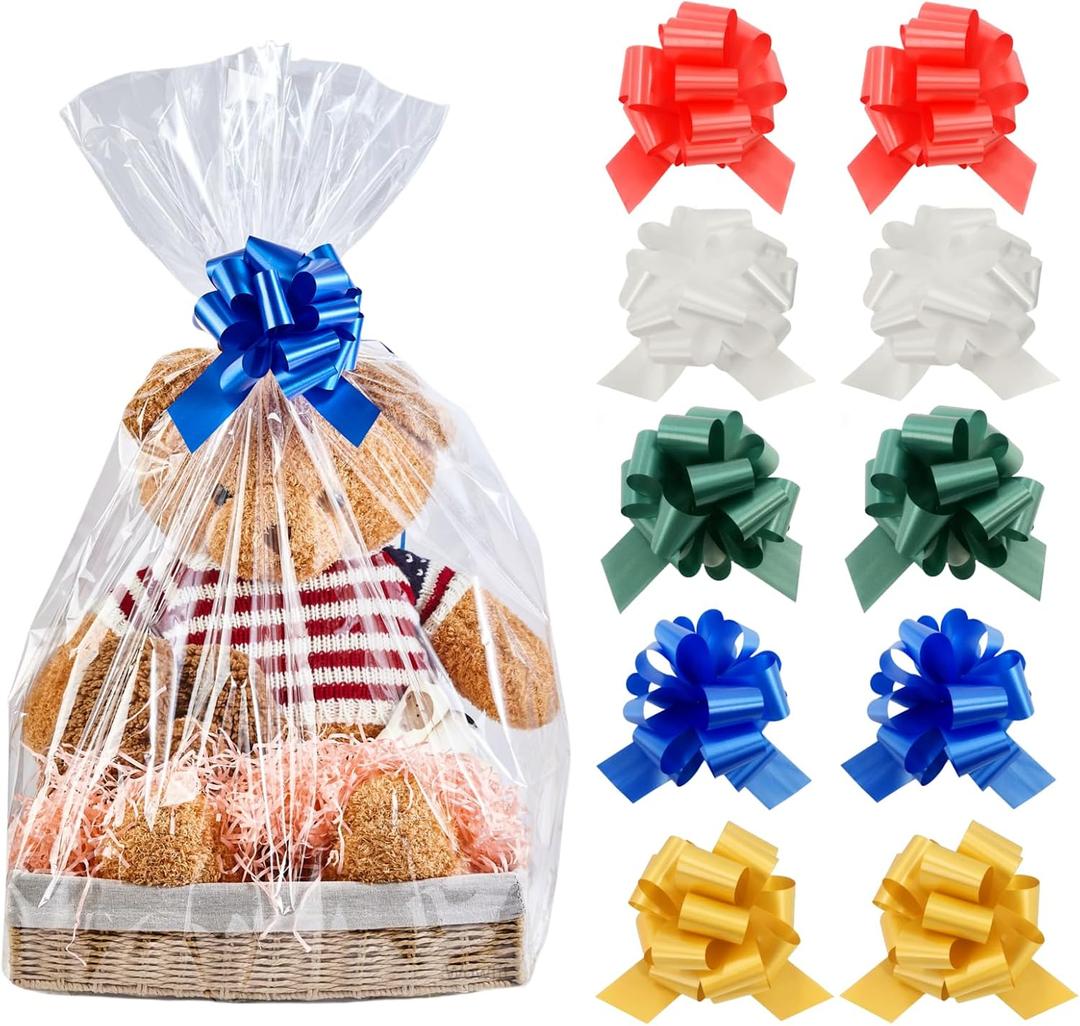 Wowfit 10-Pack Extra-Large Clear Cello Bags 30x40 Inch with Bows - Jumbo Wrap for Large Gift Baskets, Raffle Prizes & Fundraisers