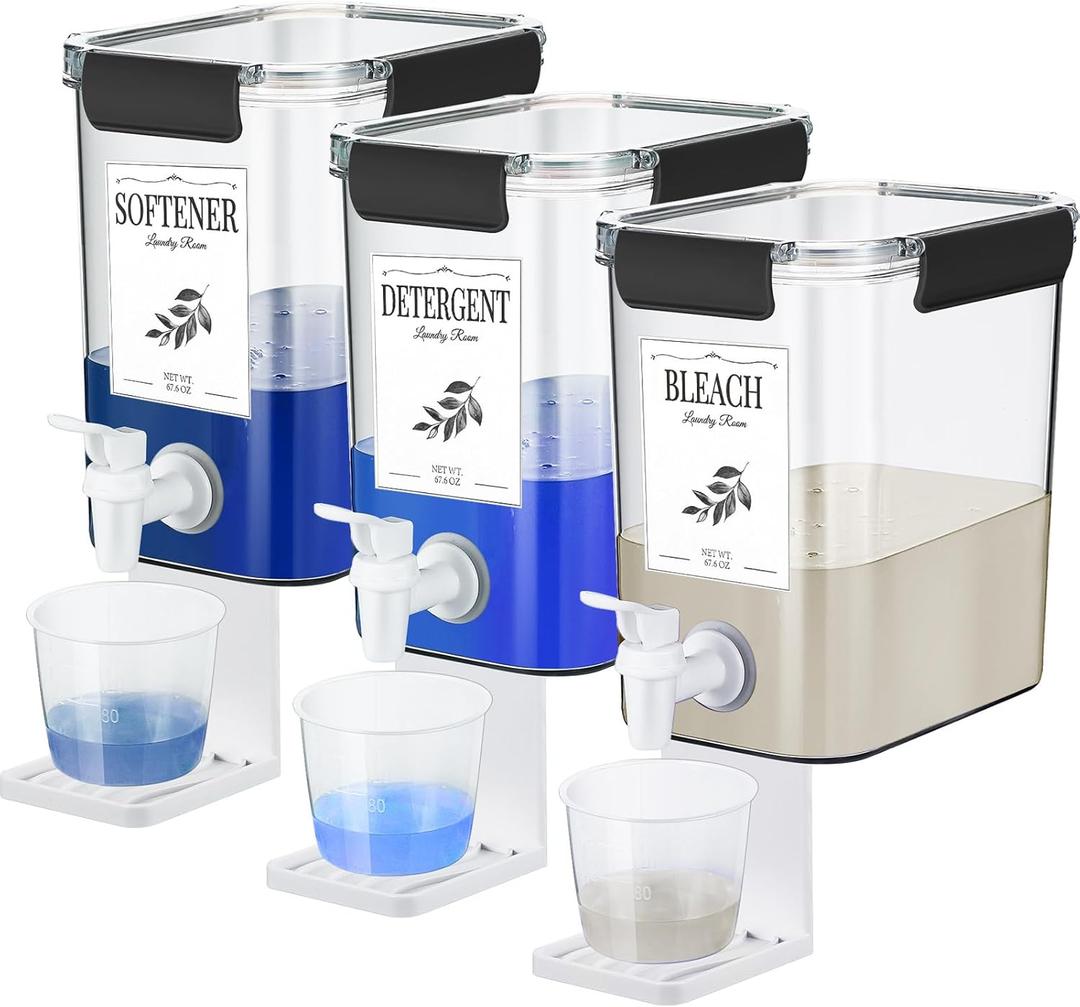 Soaoo 3 Set 67.6 oz Liquid Laundry Detergent Dispenser with Faucet and Cup Holder Labels Plastic Fabric Softener Container Detergent Drip Catcher for Laundry Room Washing Soap