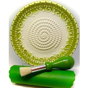 All-in-one Premium Ceramic Garlic Grater Plate 4-Piece Set - Green Embossed Design and Style - For Garlic, Ginger, Chocolate, and more! - Comes with 5.25" Plate, Peeler, Brush, and Stand
