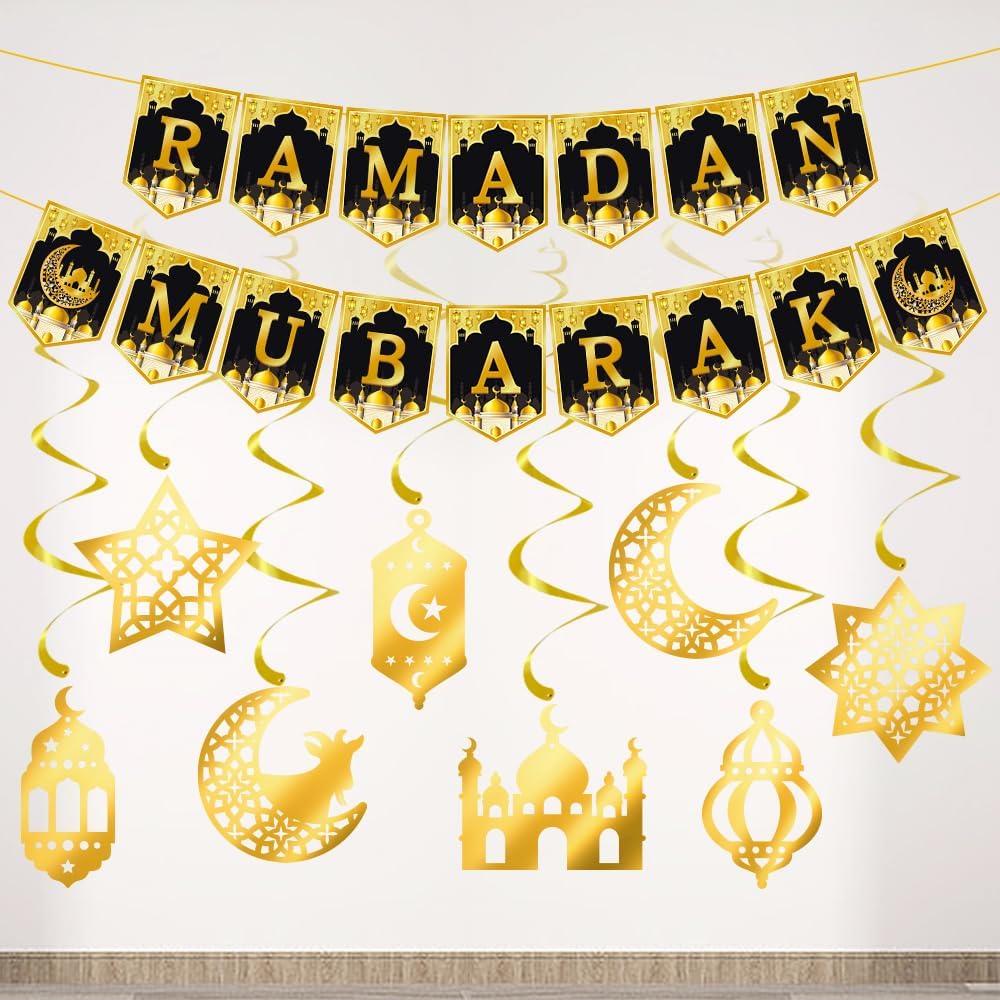 18 Pcs Eid Mubarak Banner, Ramadan Kareem Banner with Eid Mubarak Hanging Swirls Streamer Bunting, Ramadan Kareem Banner for Ramadan Decorations, Muslim Eid Mubarak Festival Garland Banner