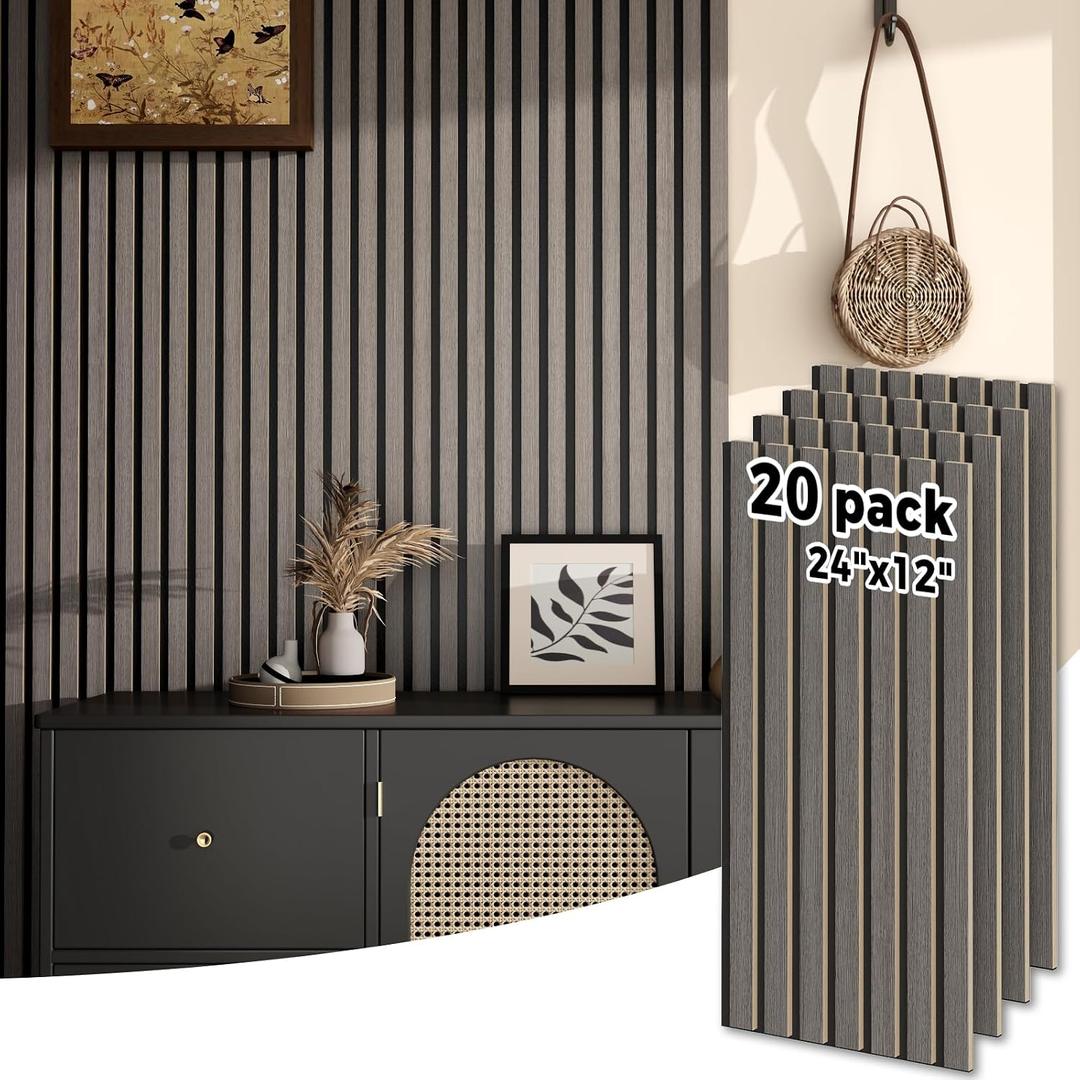 20 Panel Wood Slat Acoustic Panel 24" x12" for Sound Absorbing, Soundproof Wood Slat Panel Cover 40 Sq.Ft, 3D Fluted Sound Absorbing Paneling for Wall Decor, Living Room, Bedroom, Grey, 24" X 12" X 20 Pcs